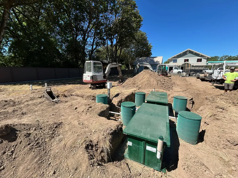 Green septic treatment equipment and access risers during installation