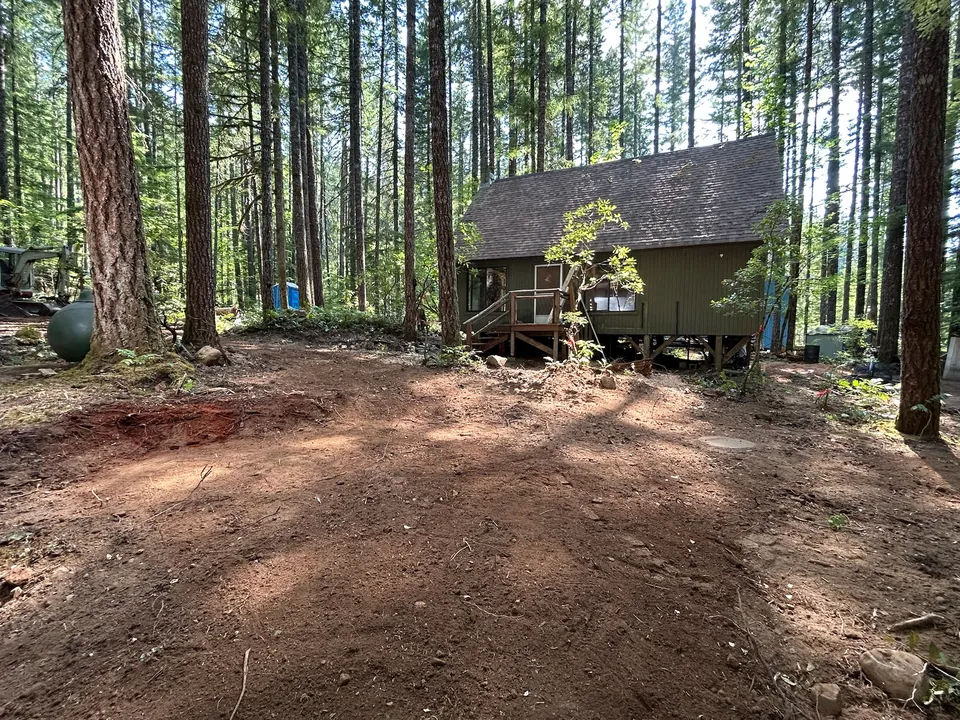 Graded ground around a cabin at a wooded property